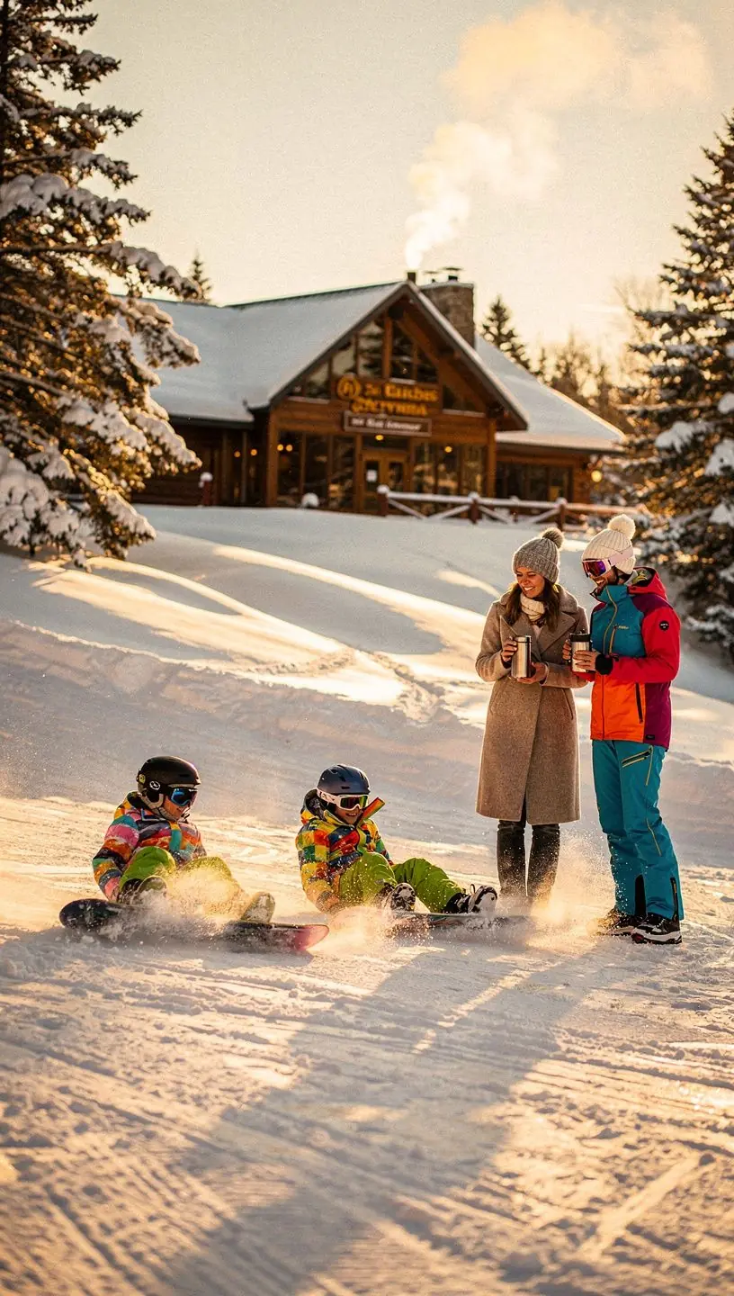 Snow-covered mountain peaks with cross-country skiers enjoying a winter trail in New England.